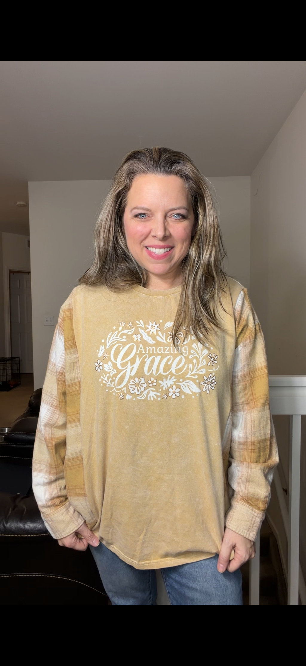 Upcycled Amazing Grace - women's 2X T-shirt with flannel sleeves