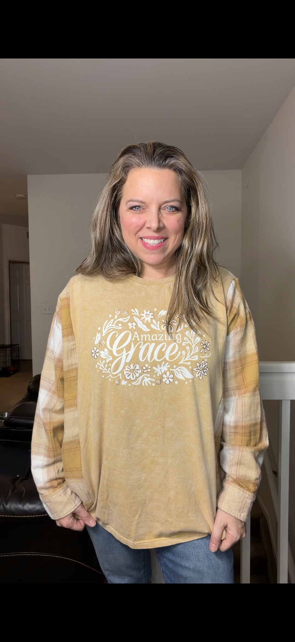 Upcycled Amazing Grace - women's 2X T-shirt with flannel sleeves