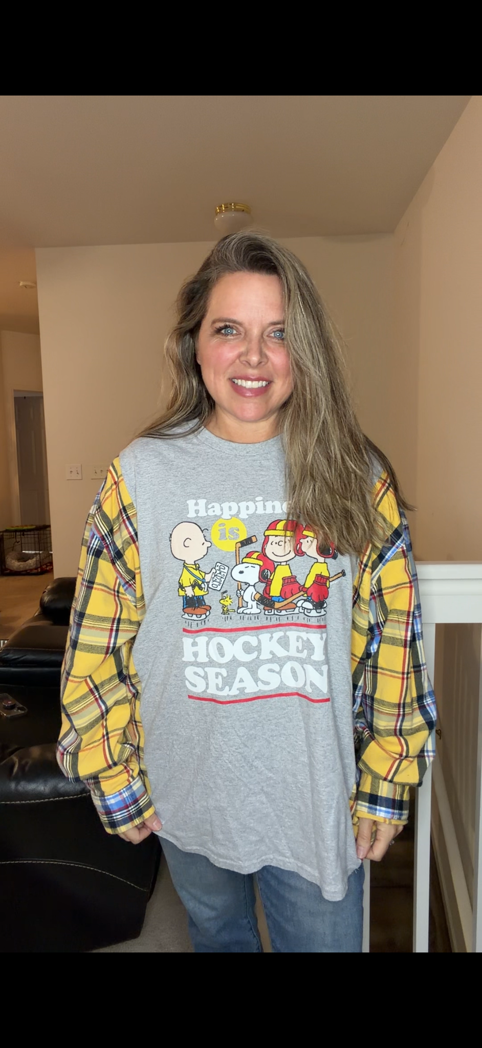 Upcycled Peanuts Hockey - women's 4X T-shirt with thick flannel sleeves ￼