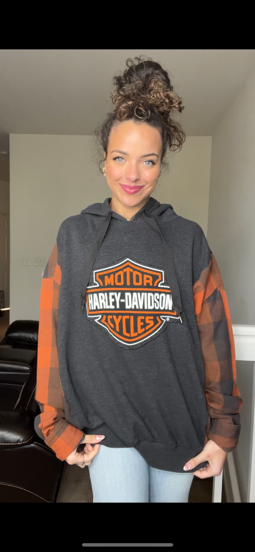 Upcycled Harley – women’s 2X/3X – French Terry sweatshirt with flannel sleeves ￼