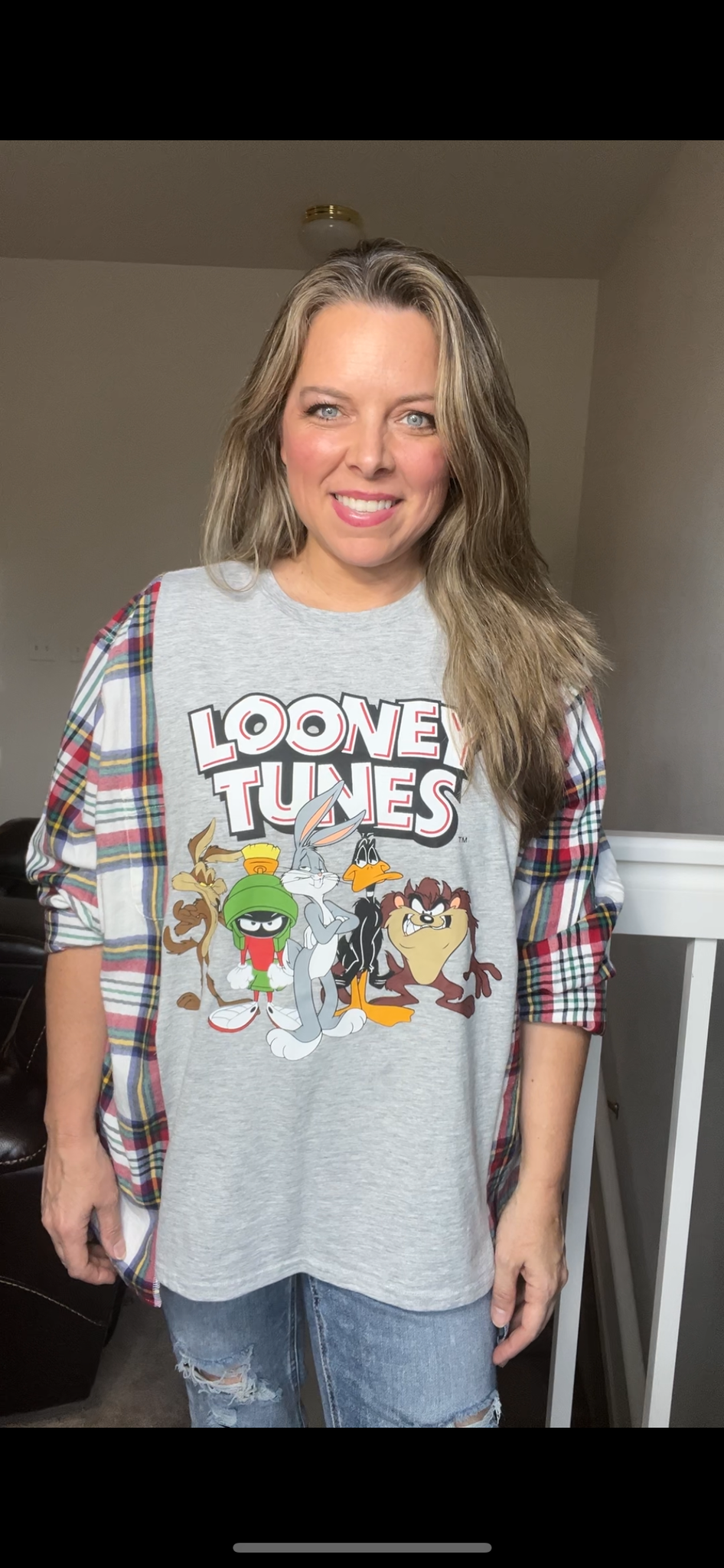 Upcycled Looney Tunes – woman’s 1X – thin Tshirt with flannel sleeves ￼