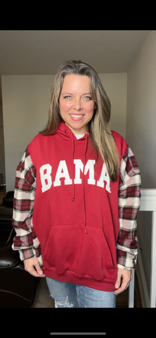 Upcycled Bama - women’s 2X/3X – midweight sweatshirt with flannel sleeves ￼