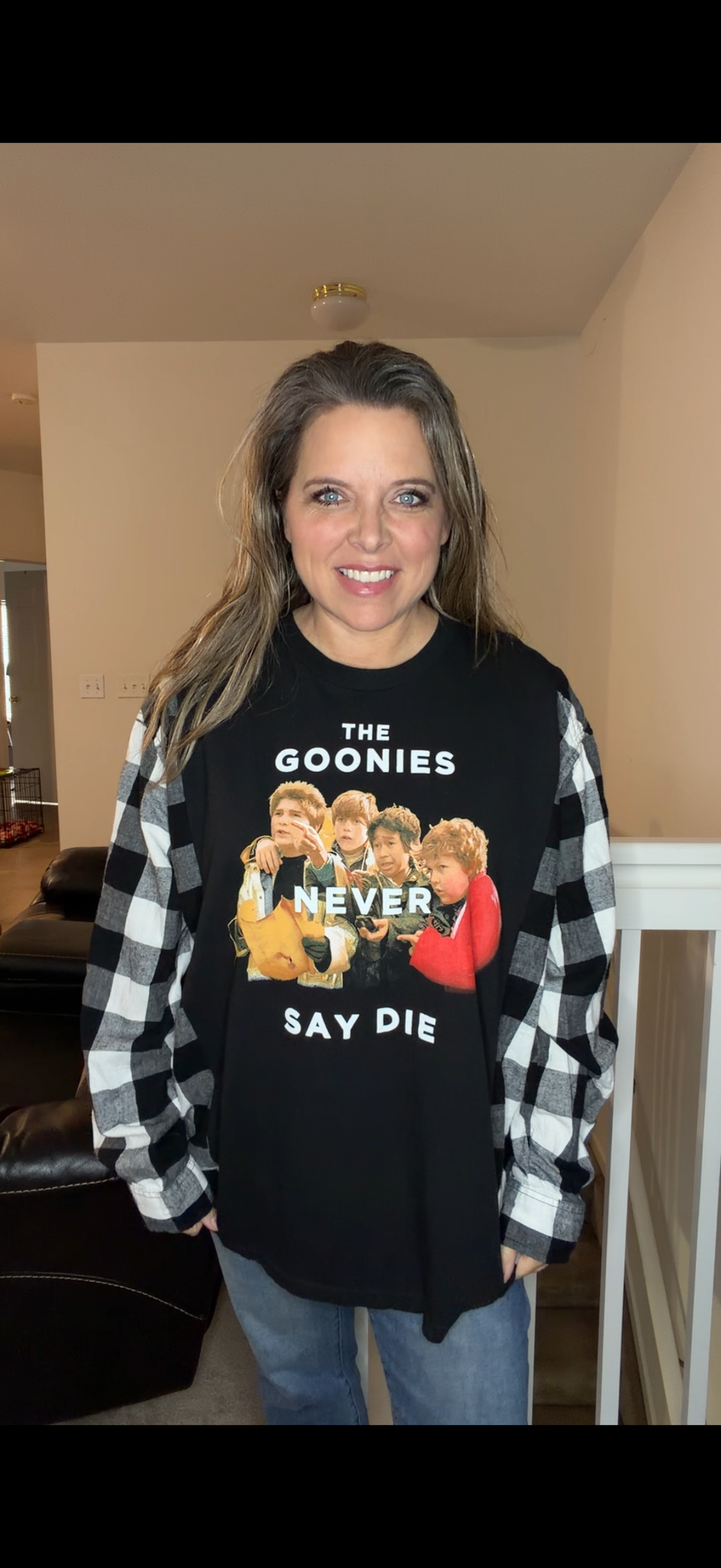 Upcycled Goonies - women's 3X T-shirt with flannel sleeves
