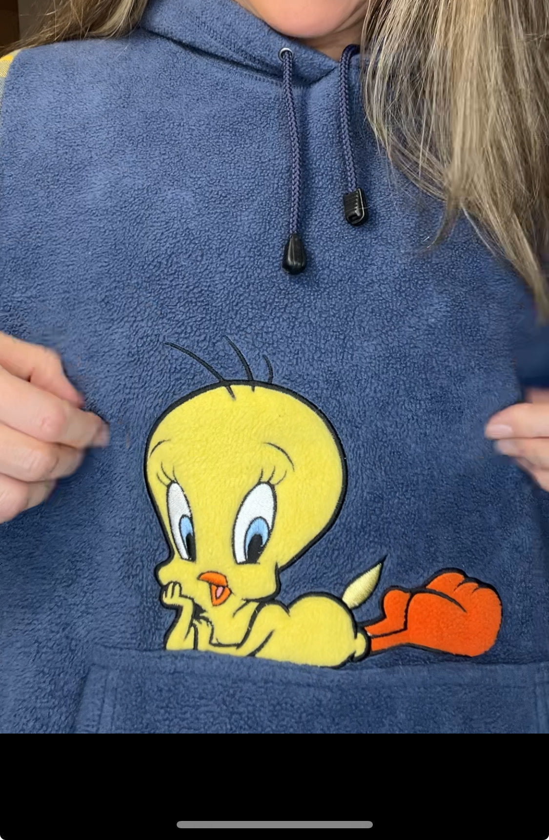 Upcycled Tweety Bird – women’s large – thick fuzzy sweatshirt with thick flannel sleeves￼