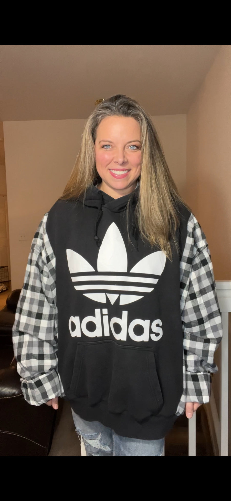 Upcycled Black Adidas – women’s 3X/4X – heavy thick sweatshirt with flannel sleeves