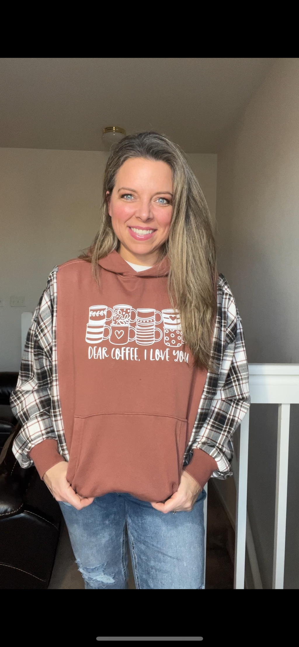 Upcycled Dear Coffee – woman’s M/L – thick sweatshirt with flannel sleeves.￼