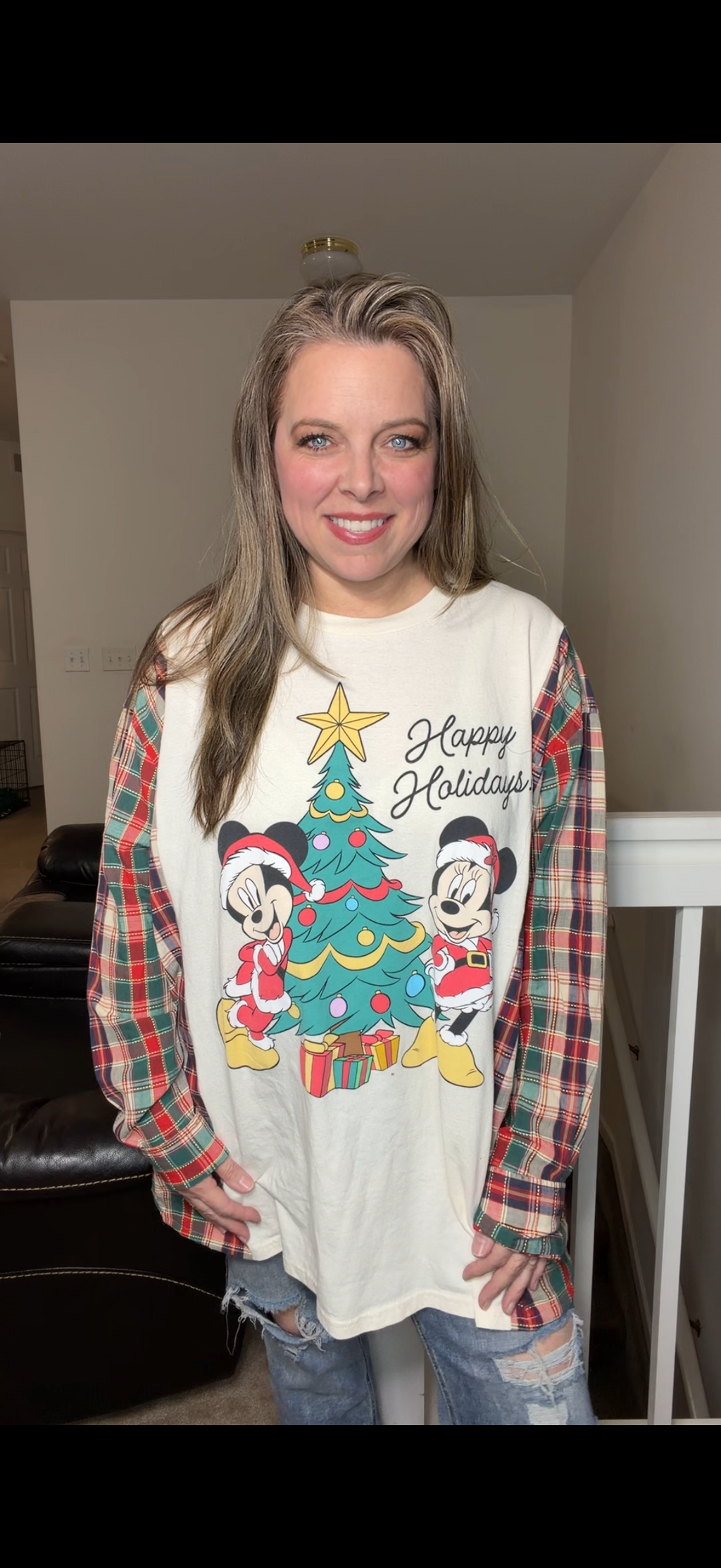Upcycled Mickey - women's 1X/2X long (sleeves more narrow) T-shirt with cotton sleeves ￼