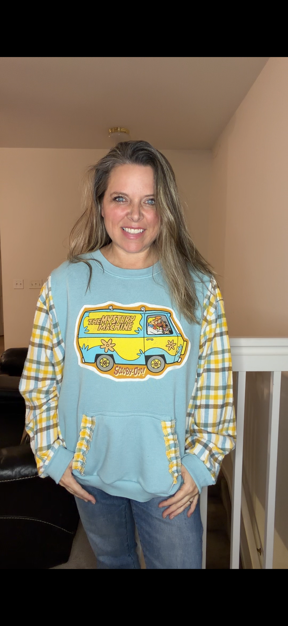 Upcycled Scooby - women's 2X French Terry sweatshirt with flannel sleeves