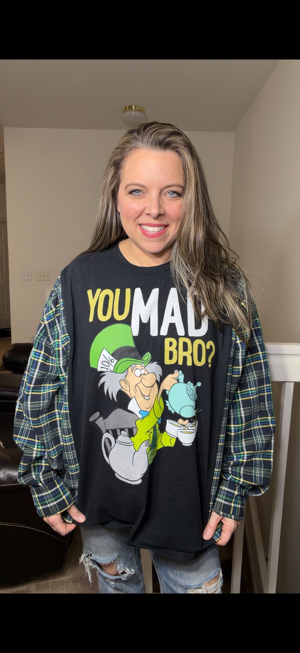 Upcycled Mad Bro - women's 2X/3X T-shirt with flannel sleeves