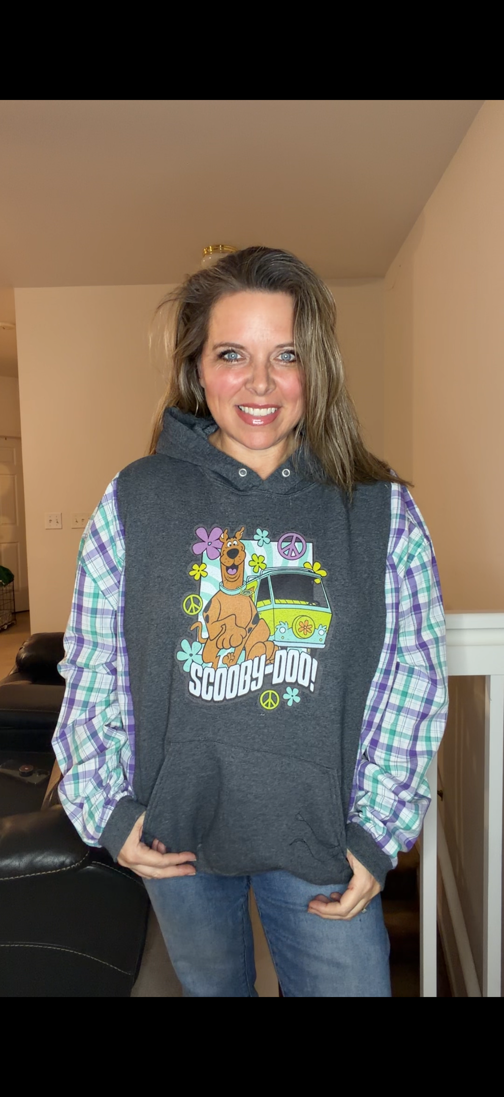 Upcycled Scooby - women's large midweight sweatshirt with cotton sleeves