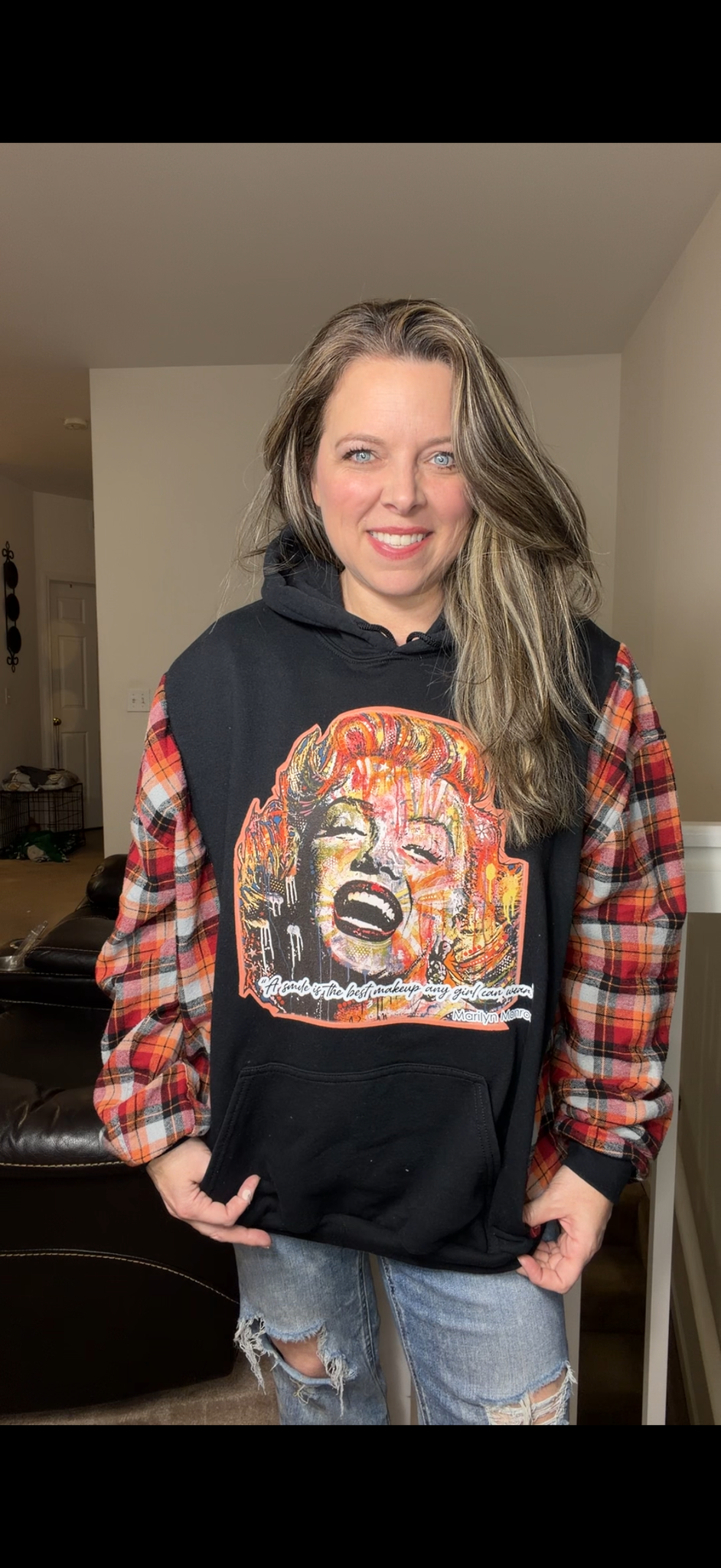Upcycled Marilyn – women's 2X midweight sweatshirt with flannel sleeves