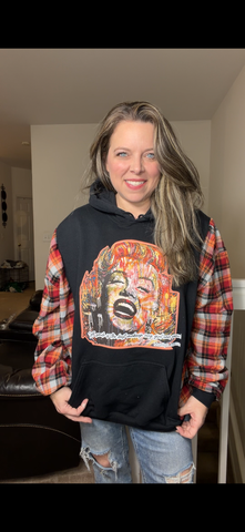 Upcycled Marilyn – women's 2X midweight sweatshirt with flannel sleeves