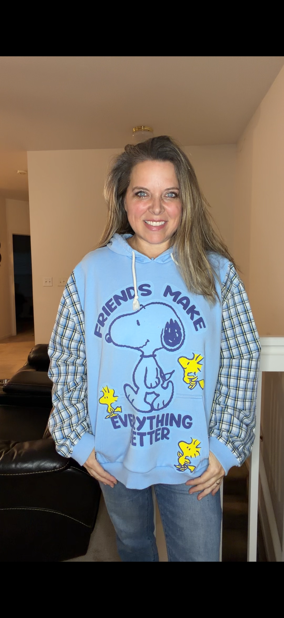 Upcycled Snoopy - women's 2X midweight Sweatshirt with cotton sleeves