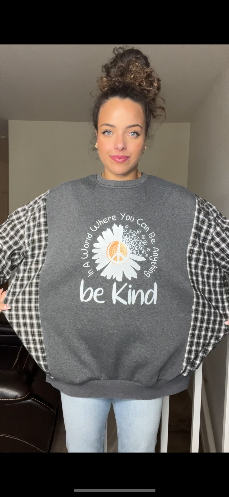 Upcycled Be Kind – women’s 2X/3X – midweight sweatshirt with flannel sleeves ￼