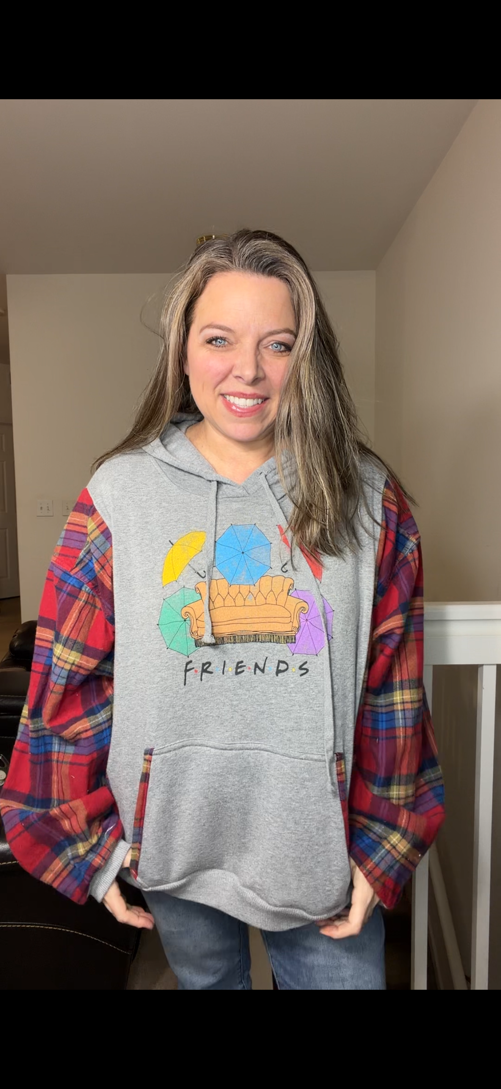 Upcycled Friends - women's 2X/3X midweight sweatshirt with flannel sleeves