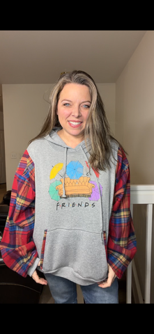 Upcycled Friends - women's 2X/3X midweight sweatshirt with flannel sleeves