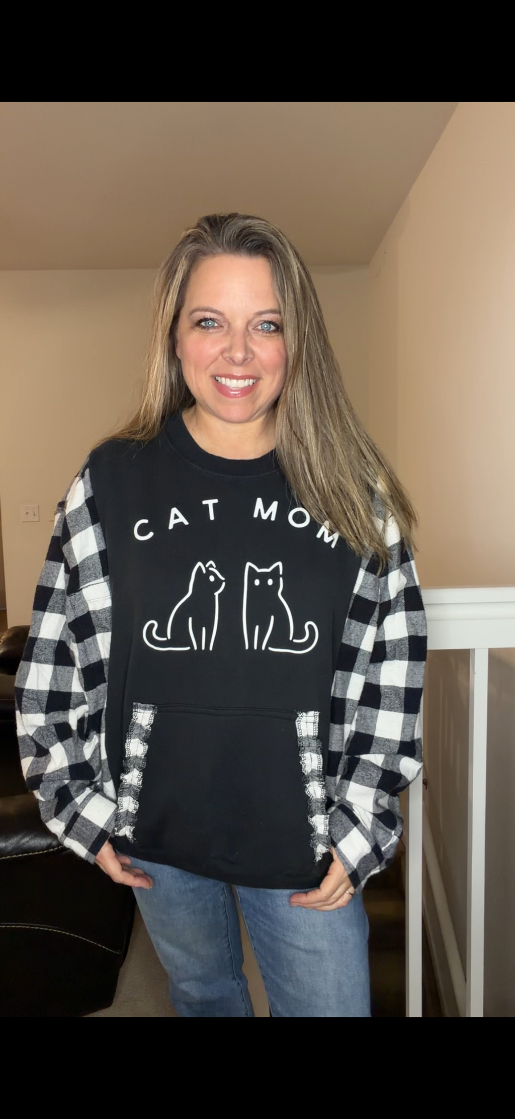 Upcycled Cat Mom - women's large midweight sweatshirt with flannel sleeves