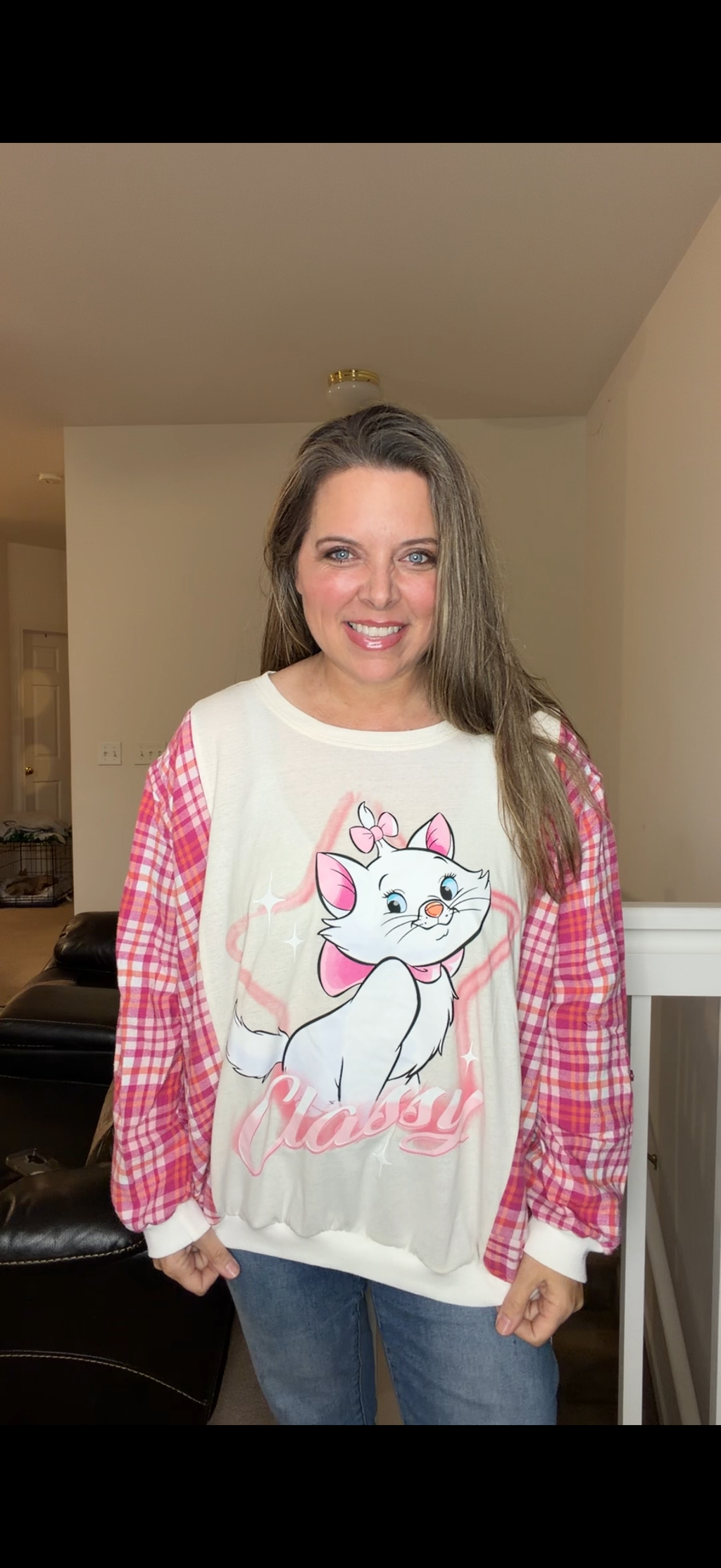Upcycled Aristocats - women's XL T-shirt with flannel sleeves – sleeves slightly more fitted
