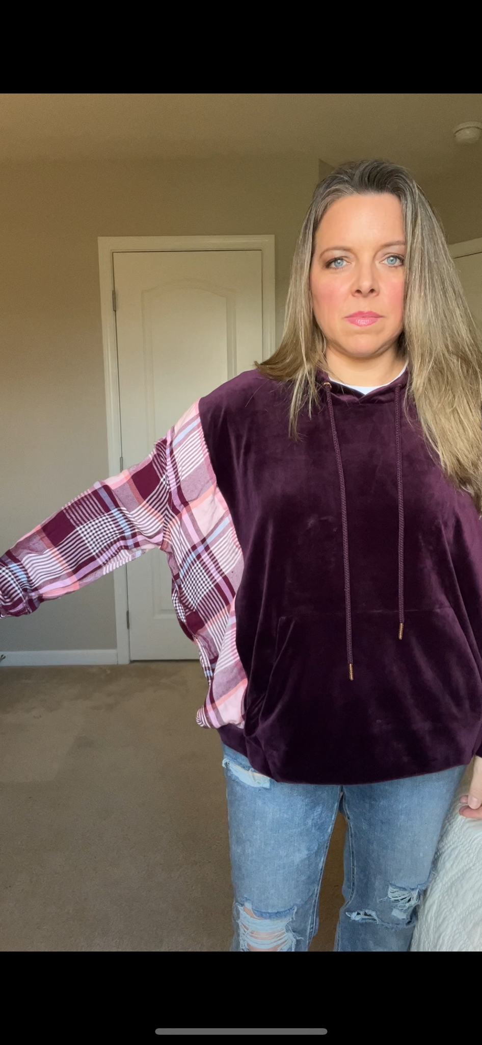 Upcycled Stretch Velour - women’s large - stretch velour sweatshirt with thin flannel sleeves ￼