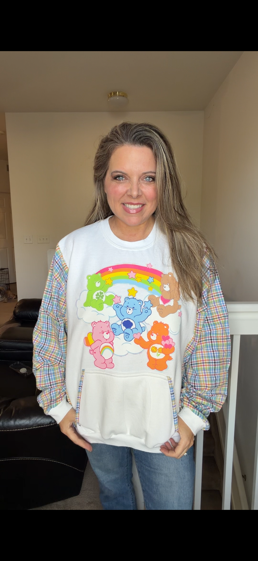 Upcycled Carebears - women's 2X/3X midweight Sweatshirt with cotton sleeves