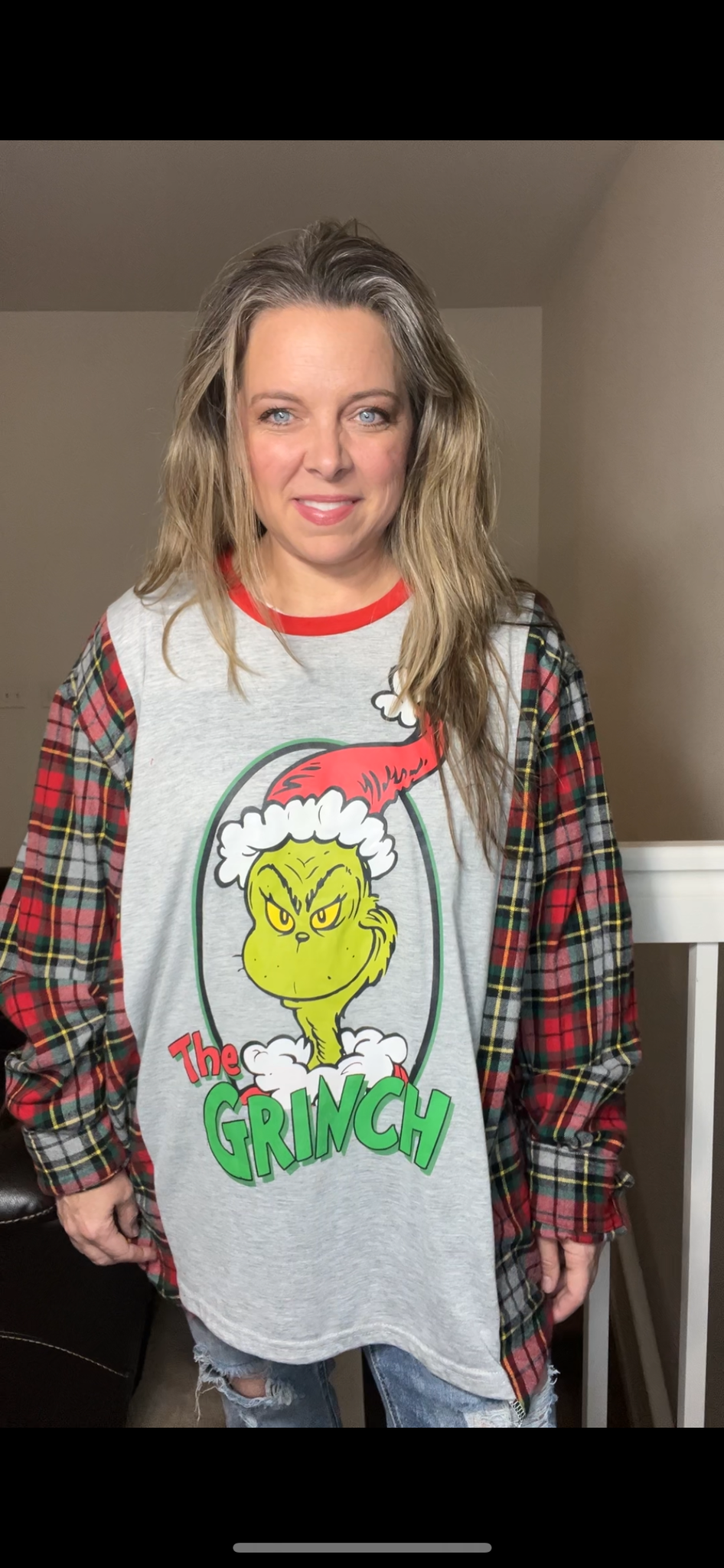 Upcycled Grinch gray – women's 3X – T-shirt with flannel sleeves ￼