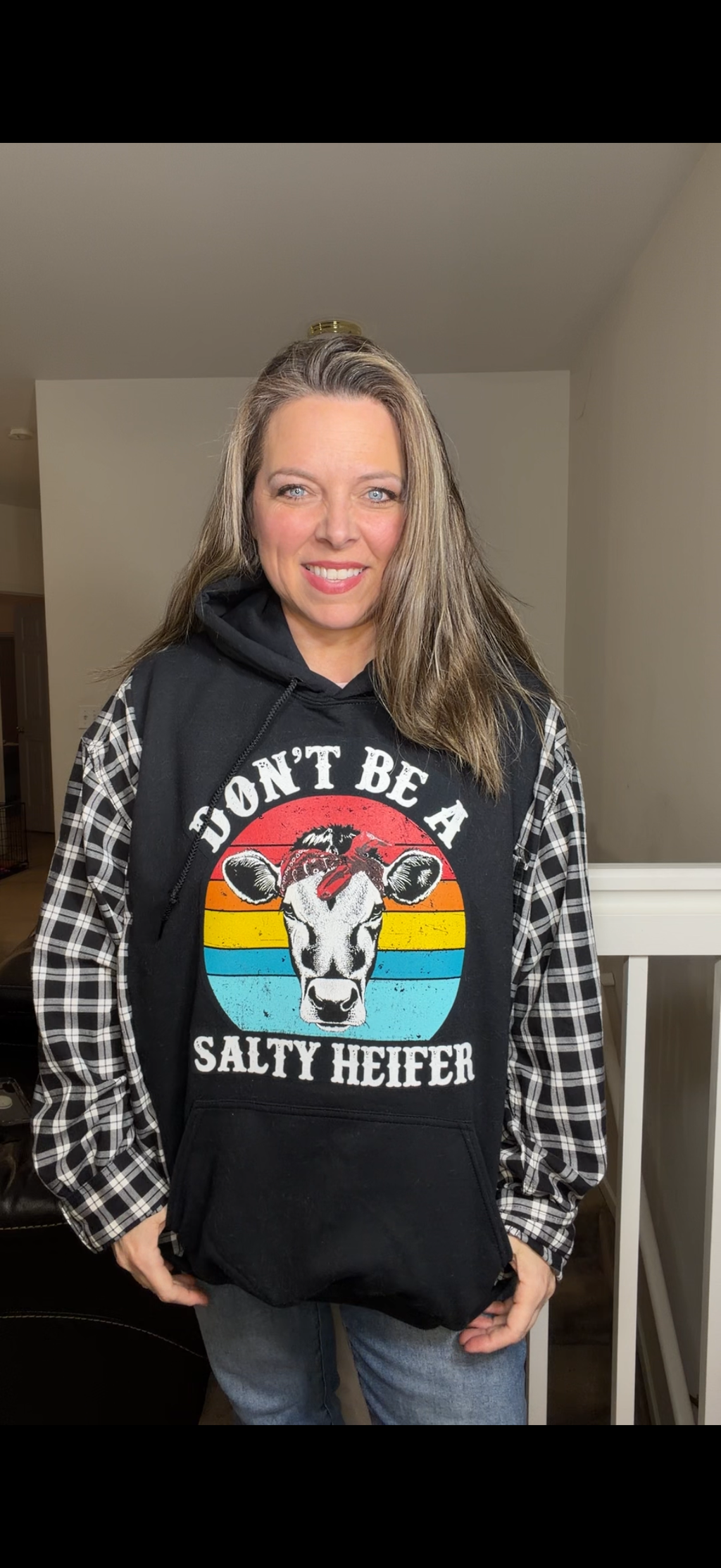 Upcycled Heifer - women's 4X midweight sweatshirt with flannel sleeves