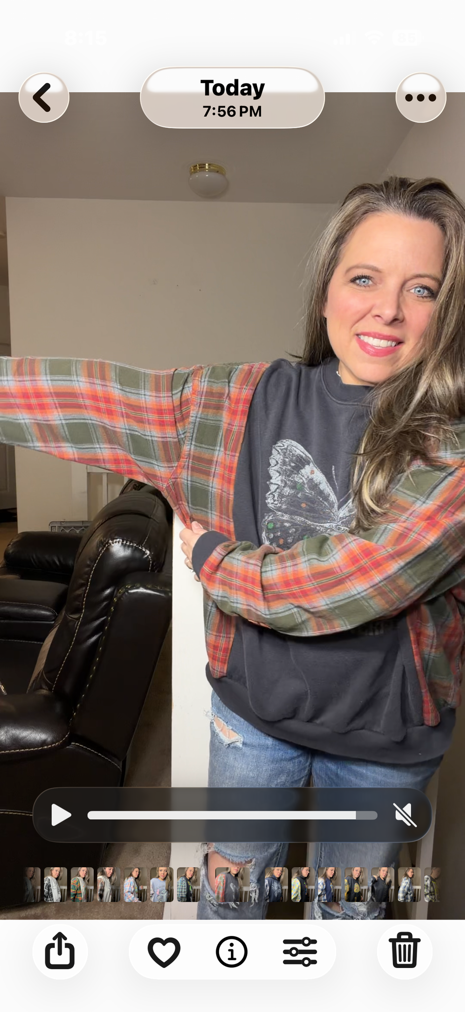 Upcycled Butterfly – women's XL midweight sweatshirt with flannel sleeves