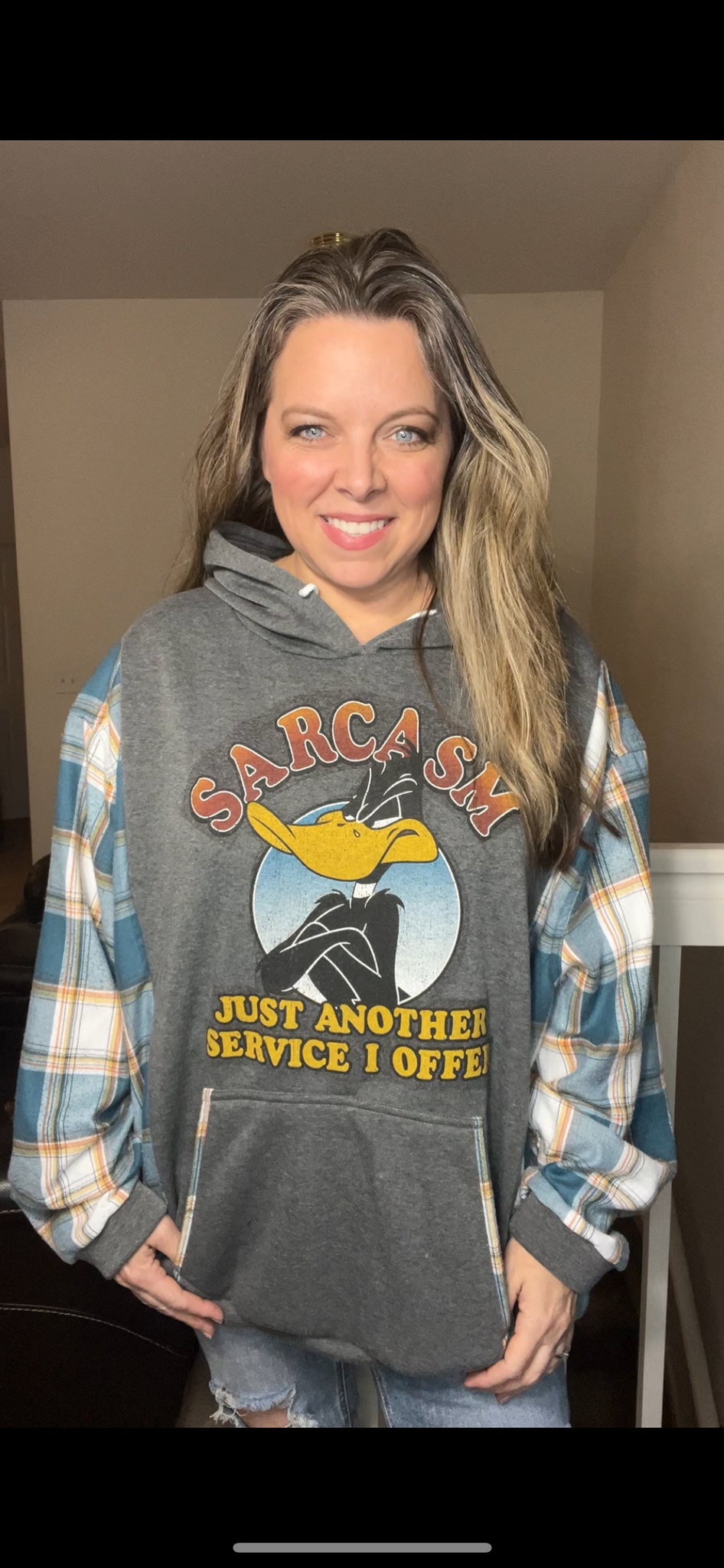 Upcycled Daffy sarcasm – women’s 3X midweight sweatshirt with flannel sleeves
