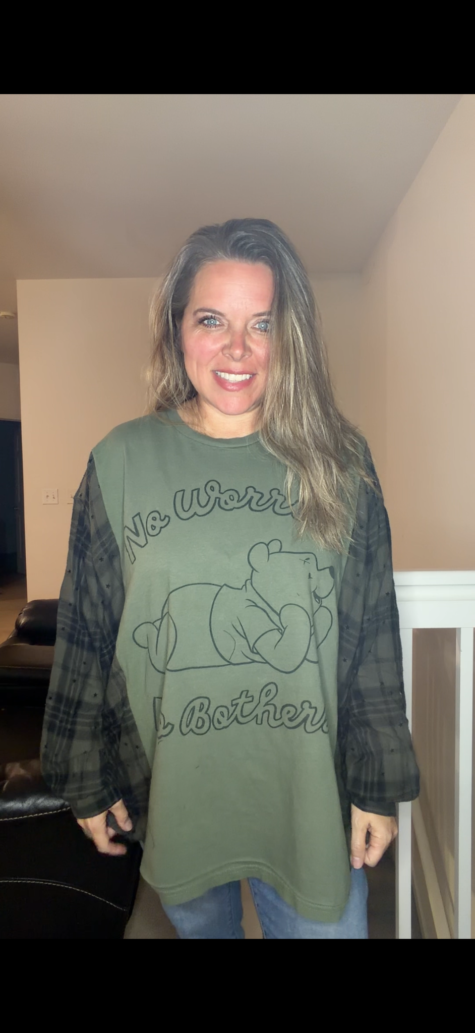 Upcycled Pooh - women's 4X T-shirt with flannel sleeves