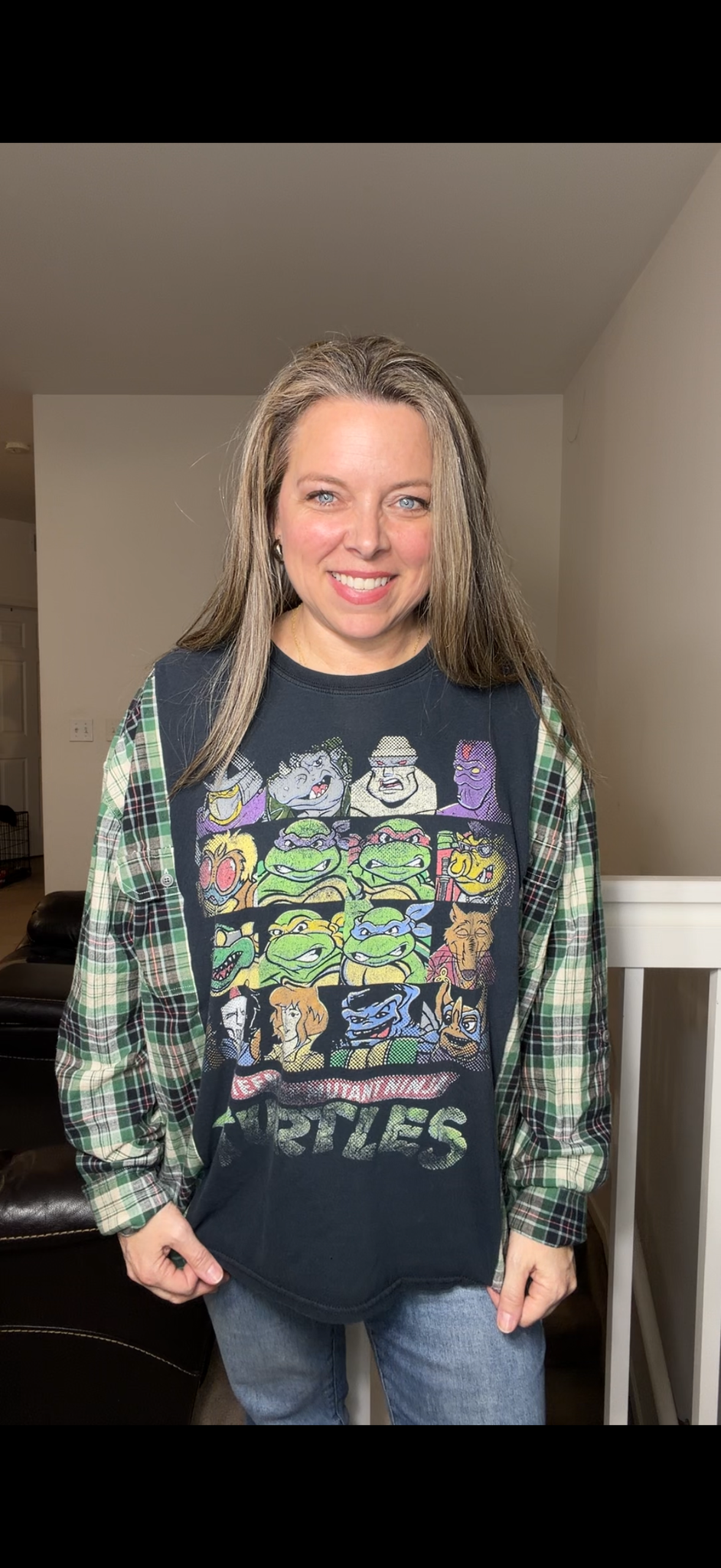 Upcycled Ninja Turtles - women's medium/large T-shirt with flannel sleeve