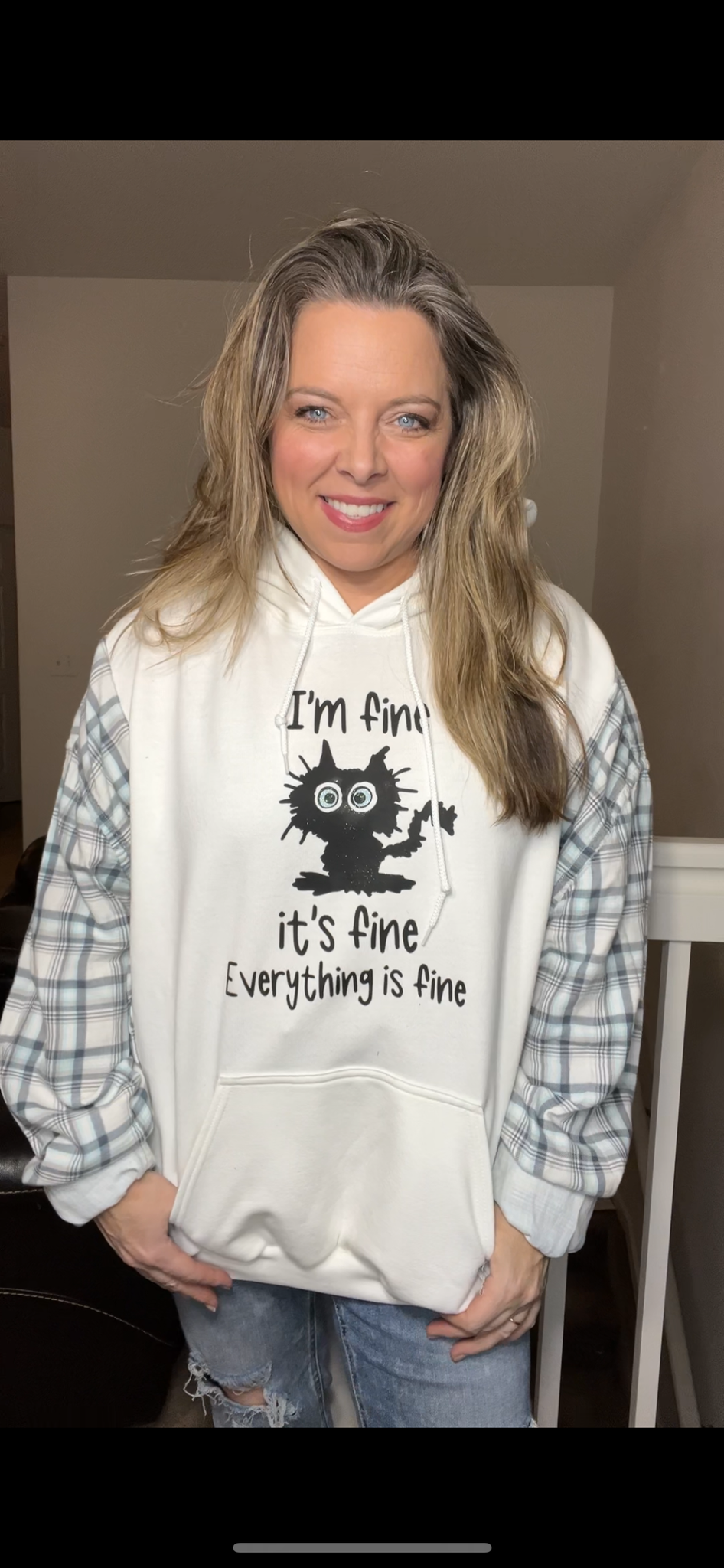 Upcycled I’m fine – women’s 3X – Midweight sweatshirt with flannel sleeves