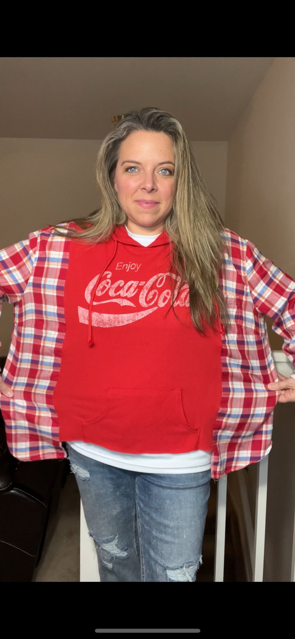 Coca Cola - woman’s LARGE - very thin sweatshirt with thin fitted, flannel sleeves - open bottom ￼