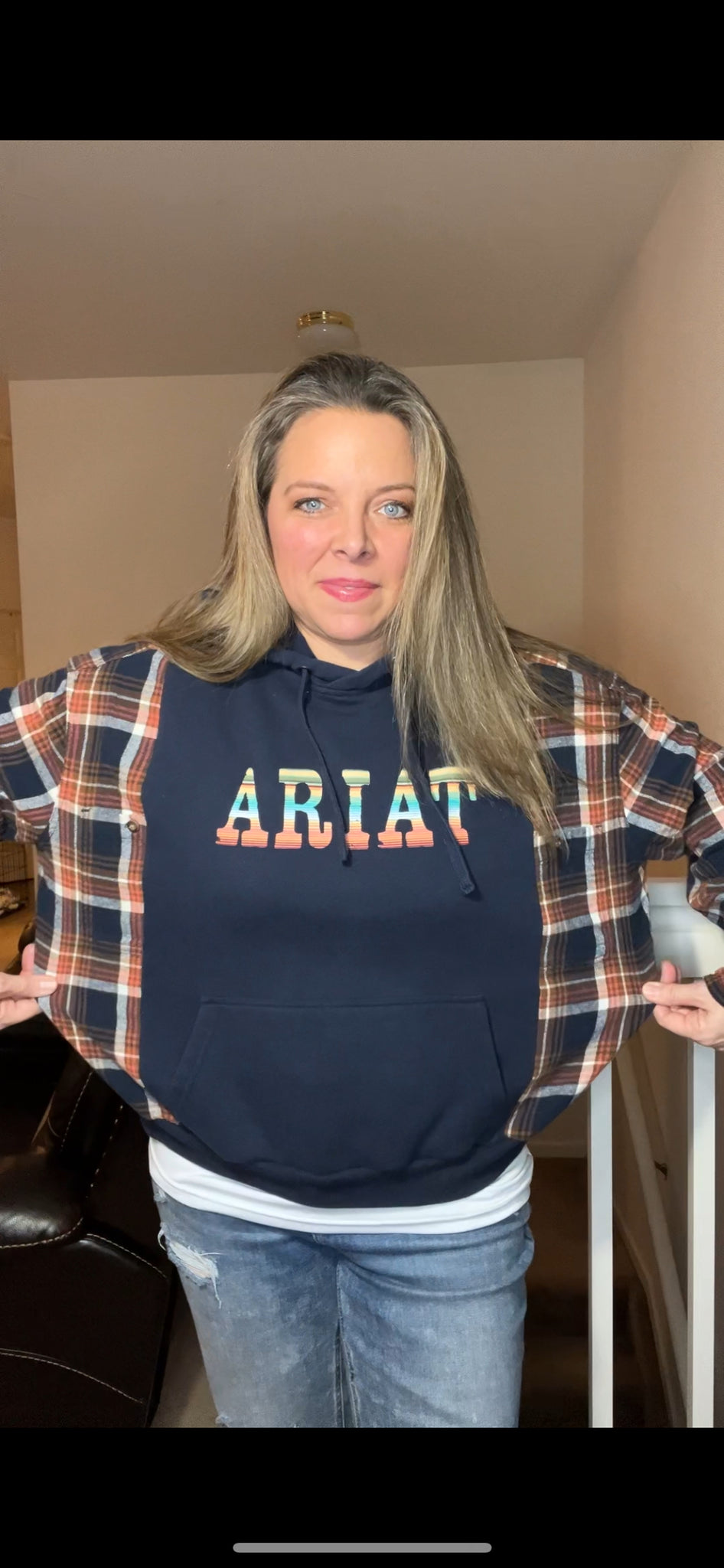 Upcycled Ariat - women’s small – midweight sweatshirt with flannel sleeves ￼￼