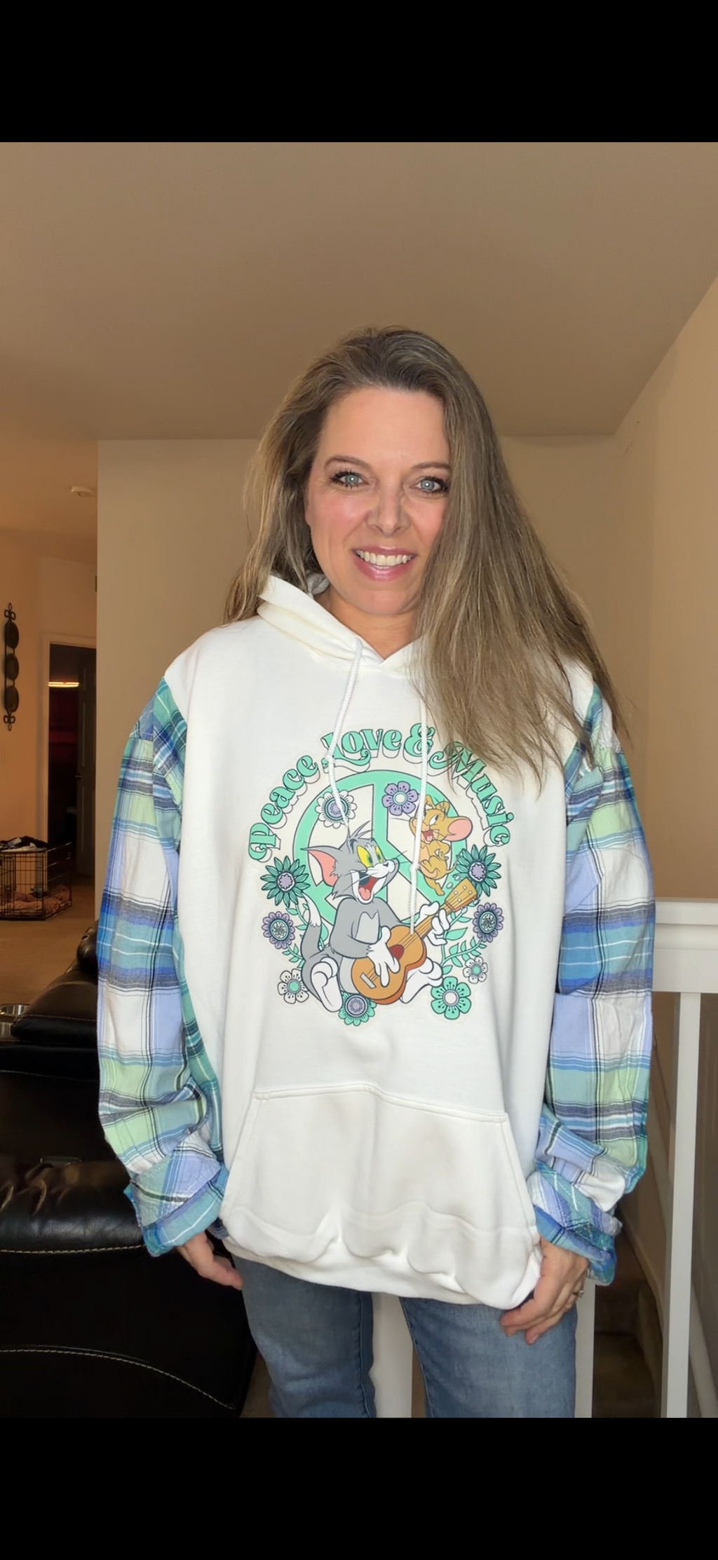 Upcycled Tom and Jerry - women's 3X/4X midweight Sweatshirt with flannel sleeves