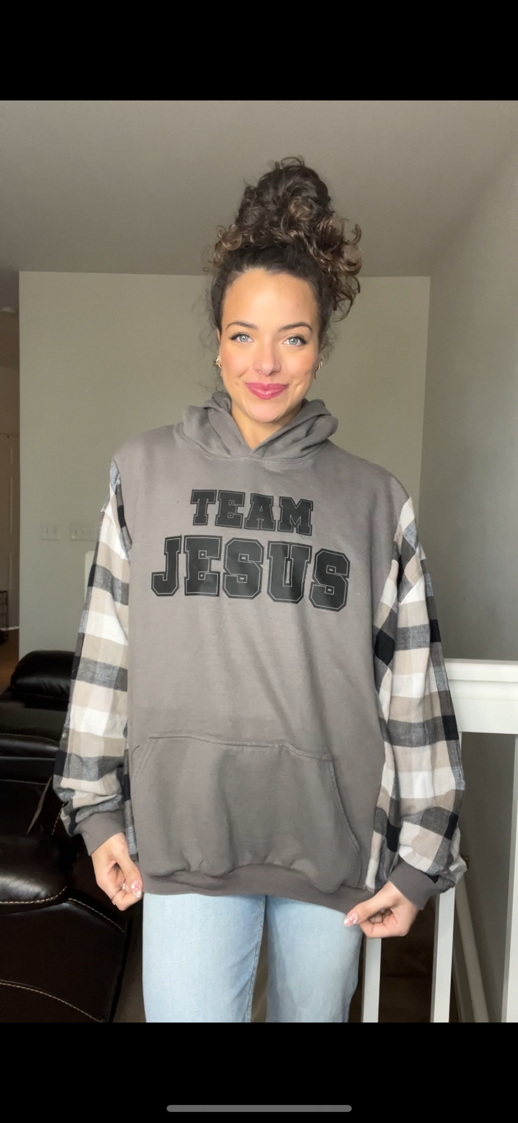 Upcycled Jesus – women’s 2X – midweight sweatshirt with flannel sleeves ￼