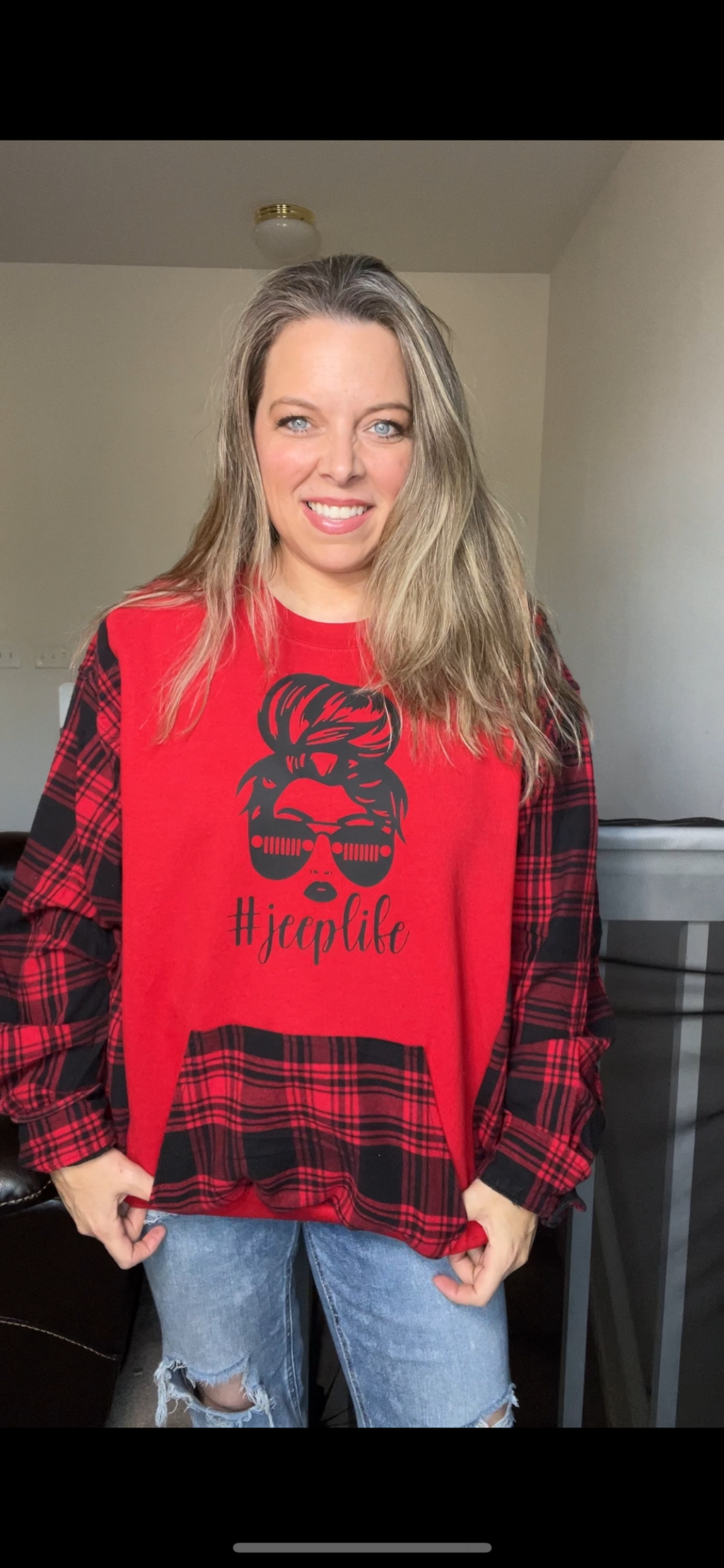 Upcycled Jeep life – women’s 2X/3X midweight sweatshirt with flannel sleeves