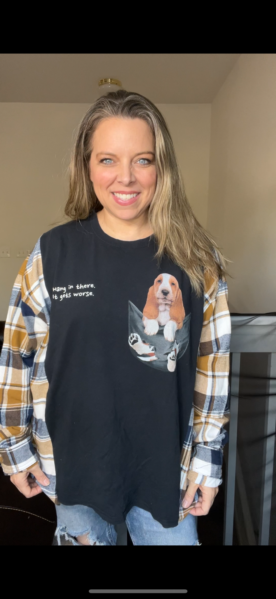 Upcycled Hanging dog - women’s 2X T-shirt with flannel sleeves￼