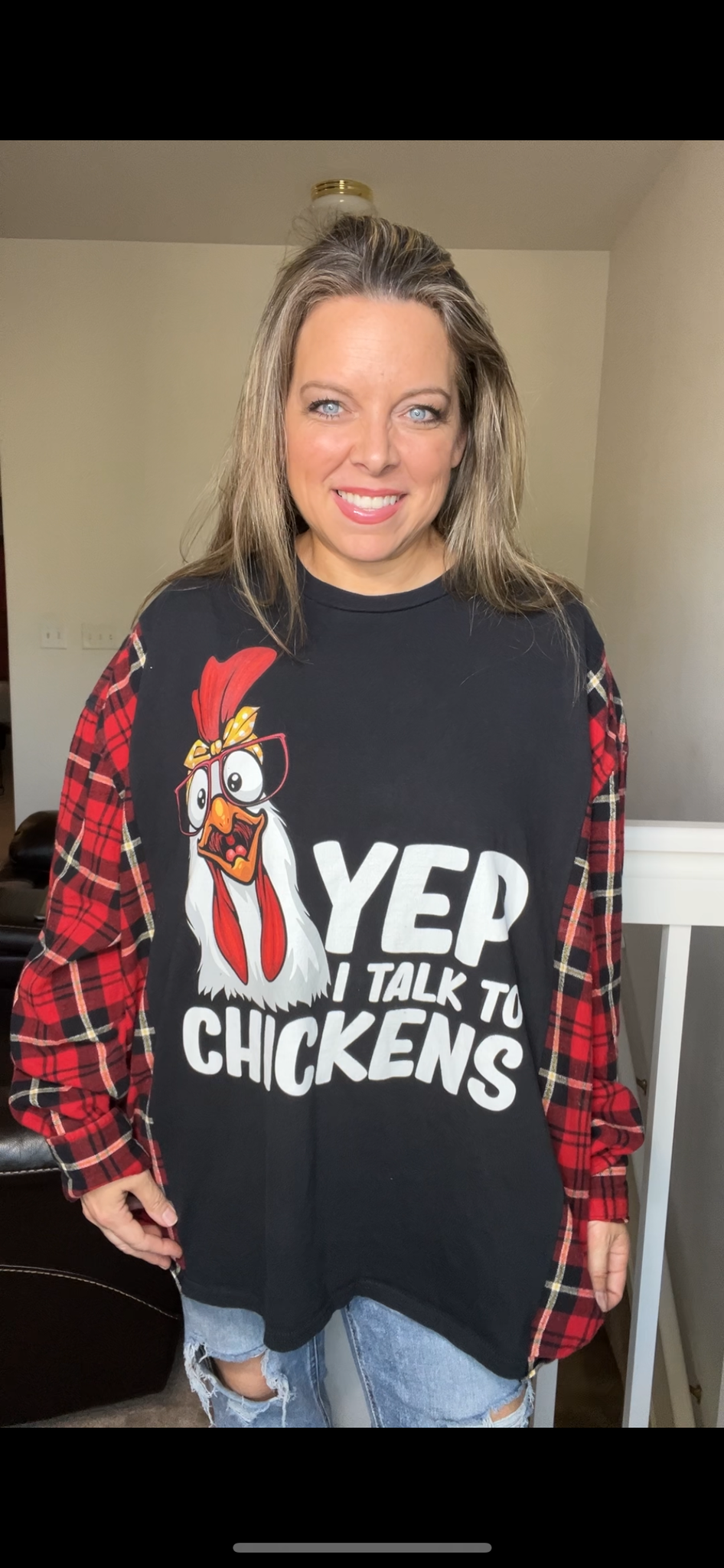 Upcycled Chickens – women’s 4X/5X T-shirt with flannel sleeves