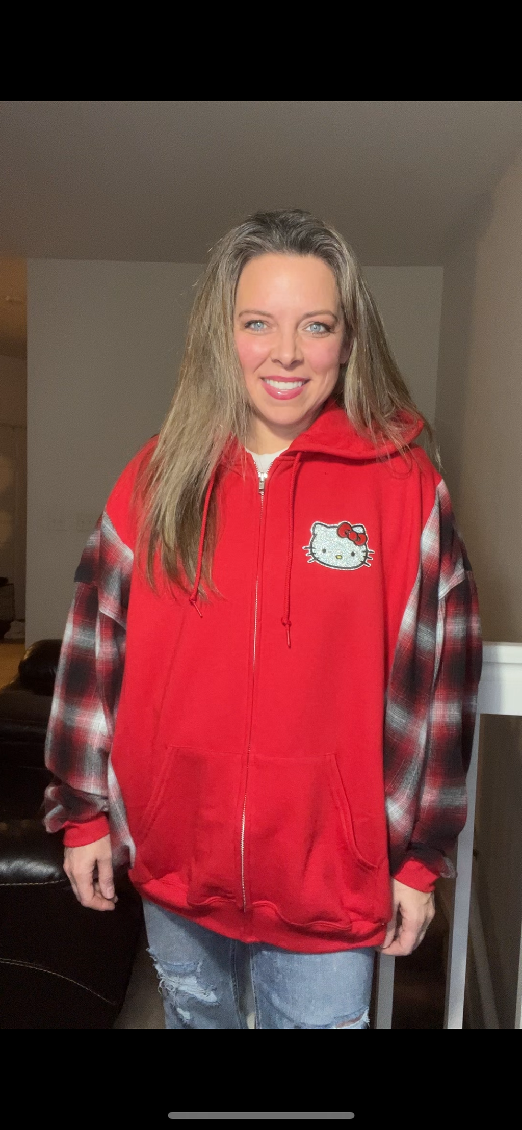 Upcycled Hello Kitty, zip up – women’s 2X – Midweight sweatshirt with flannel sleeves￼