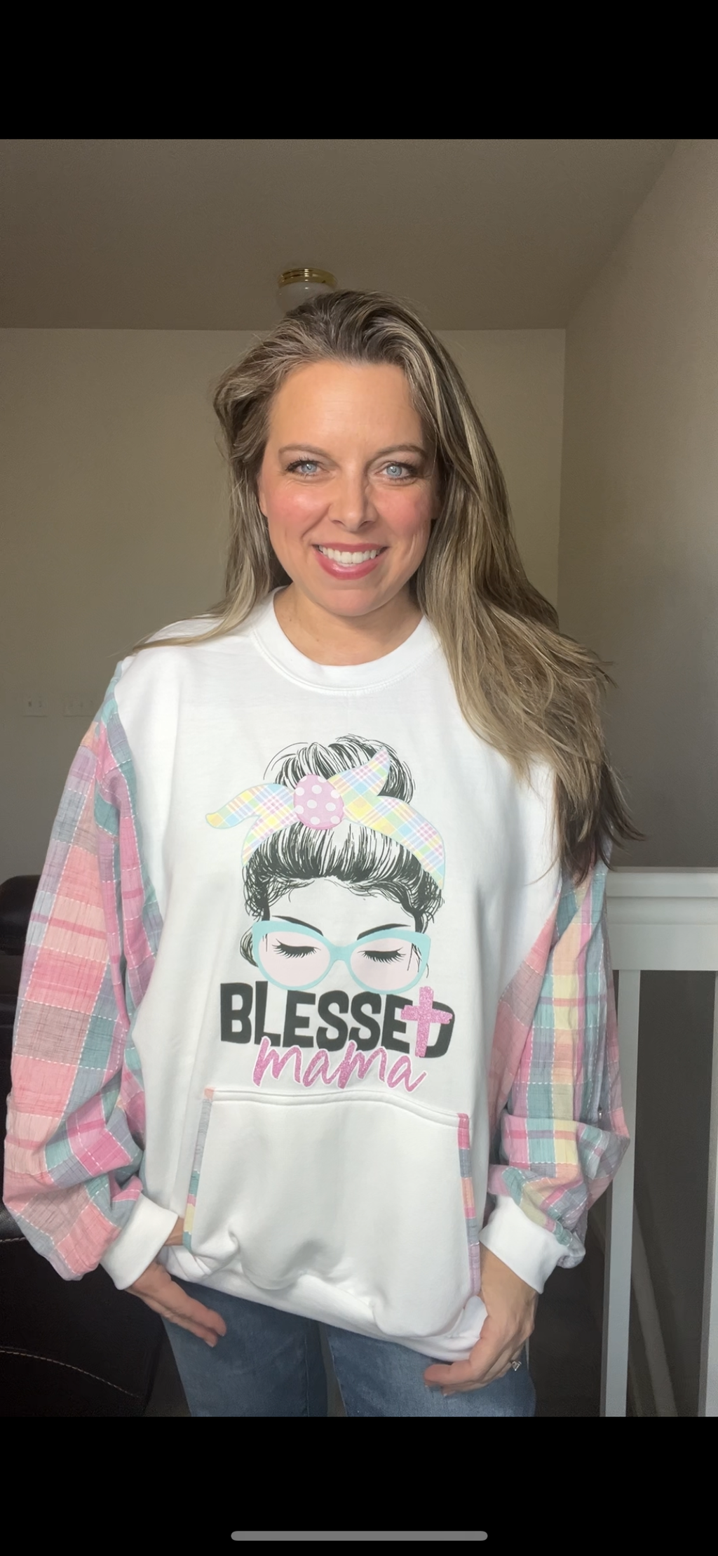Upcycled Mama – women’s 2X/3X midweight sweatshirt with flannel sleeves