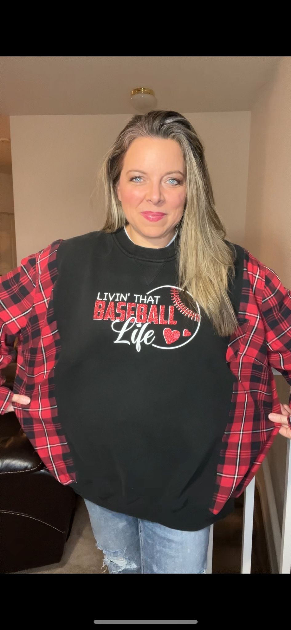 Upcycled Baseball Life – women’s 1X/2X – midweight sweatshirt with flannel sleeves￼