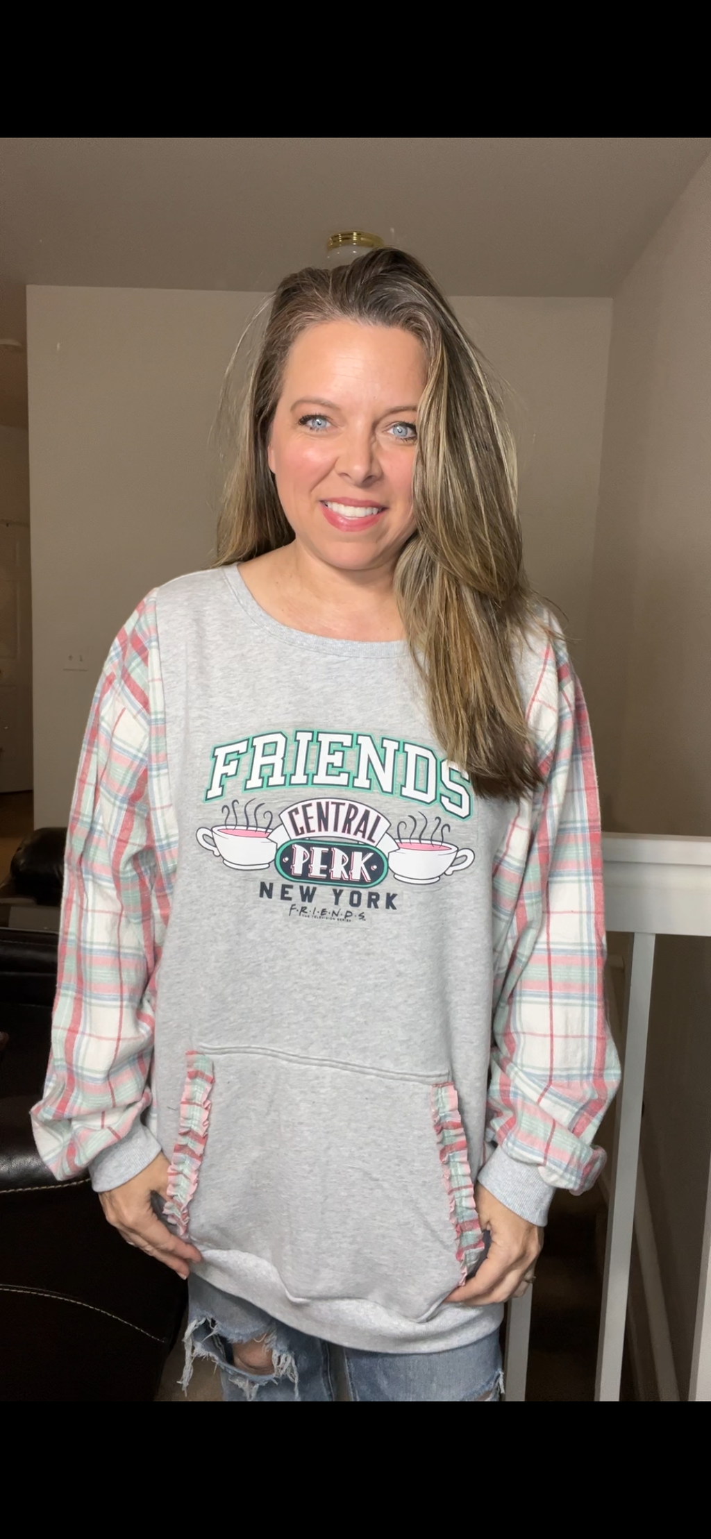 Upcycled Friends – women’s 1X/2X long midweight sweatshirt with flannel sleeves
