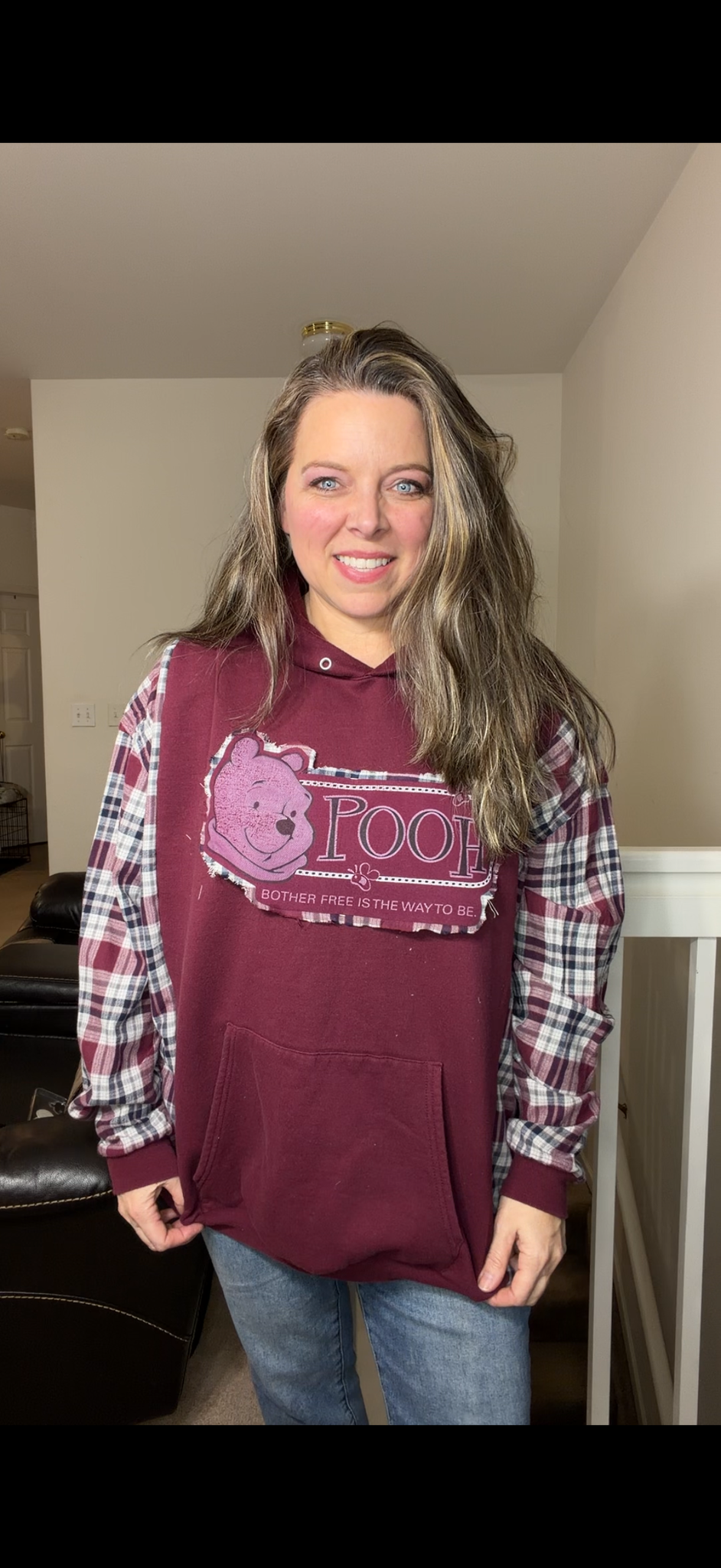 Upcycled Pooh - women's 2X/3X midweight sweatshirt with thin flannel sleeves