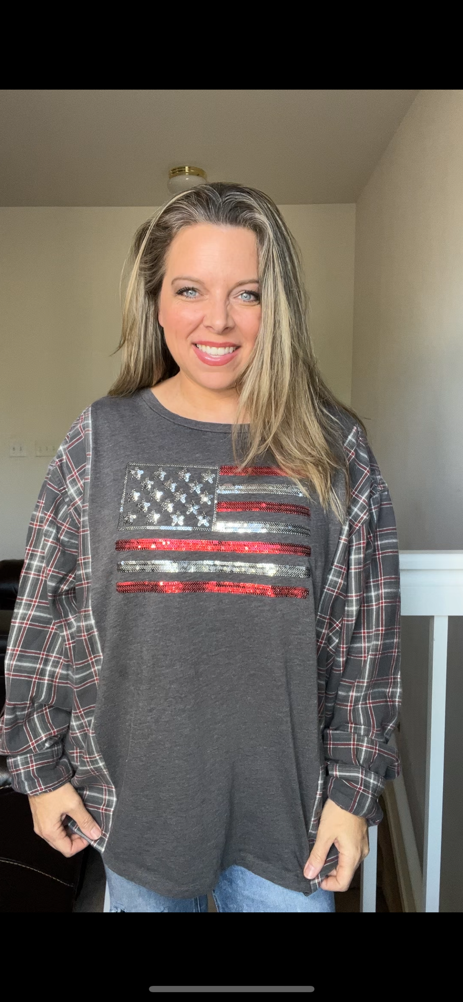 Upcycled Sparkle flag – women’s 2X T-shirt with flannel sleeves