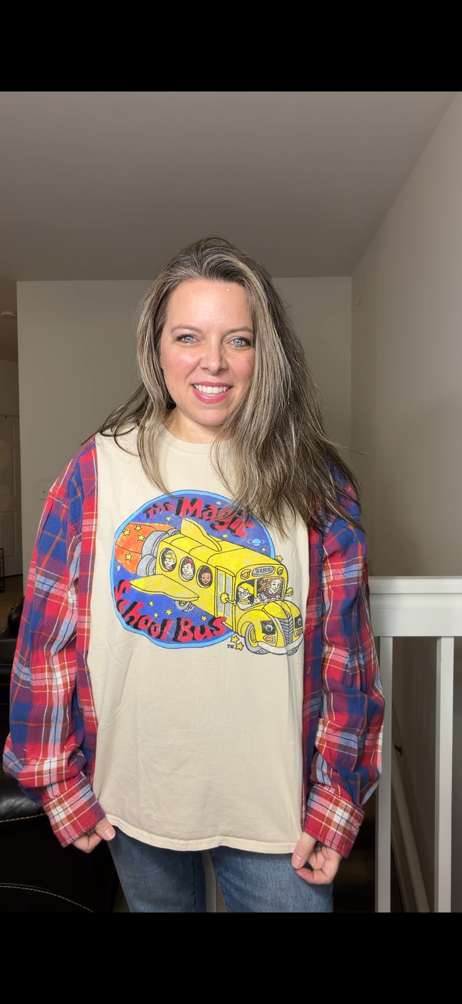 Upcycled Schoolbus - women's 1X T-shirt with flannel sleeves