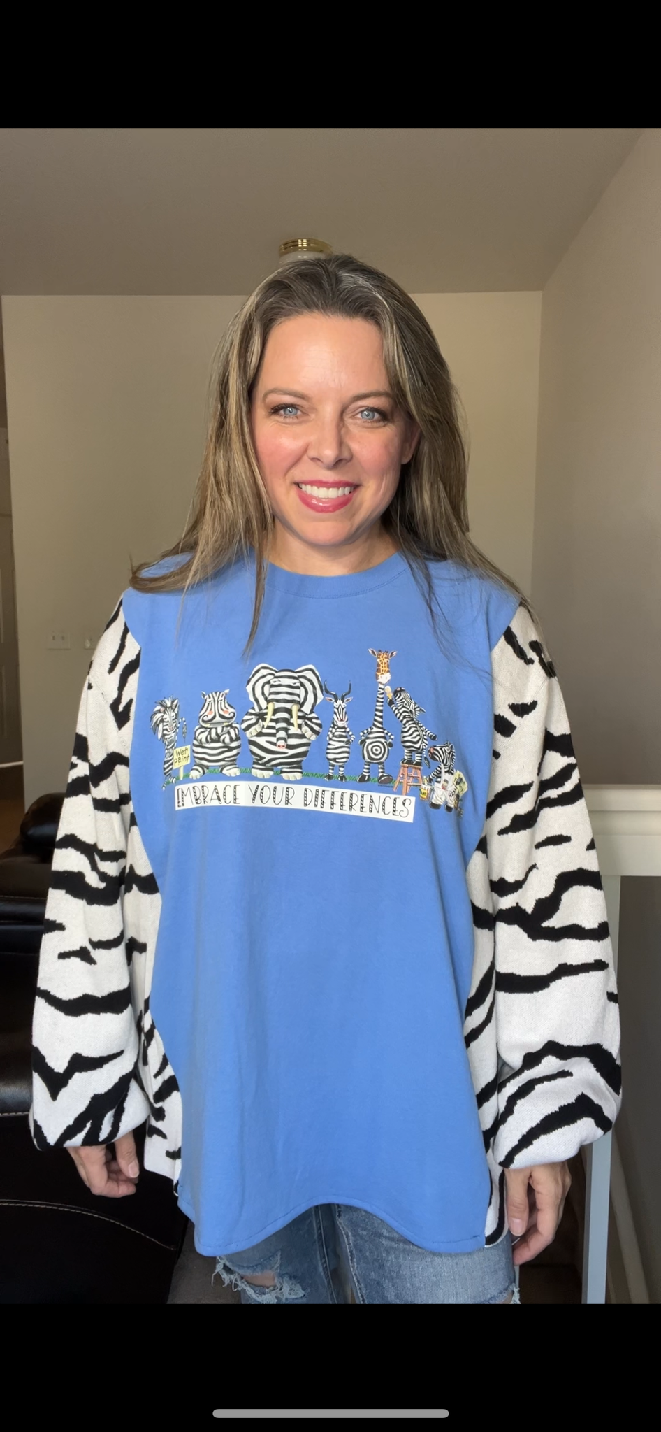 Upcycled Zebras - woman's 2X - Tshirt with sweater sleeves