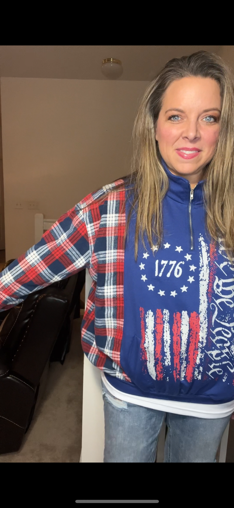 Upcycled We the People – women’s medium – thin French terry sweatshirt with flannel sleeves, bottom band slightly smaller ￼