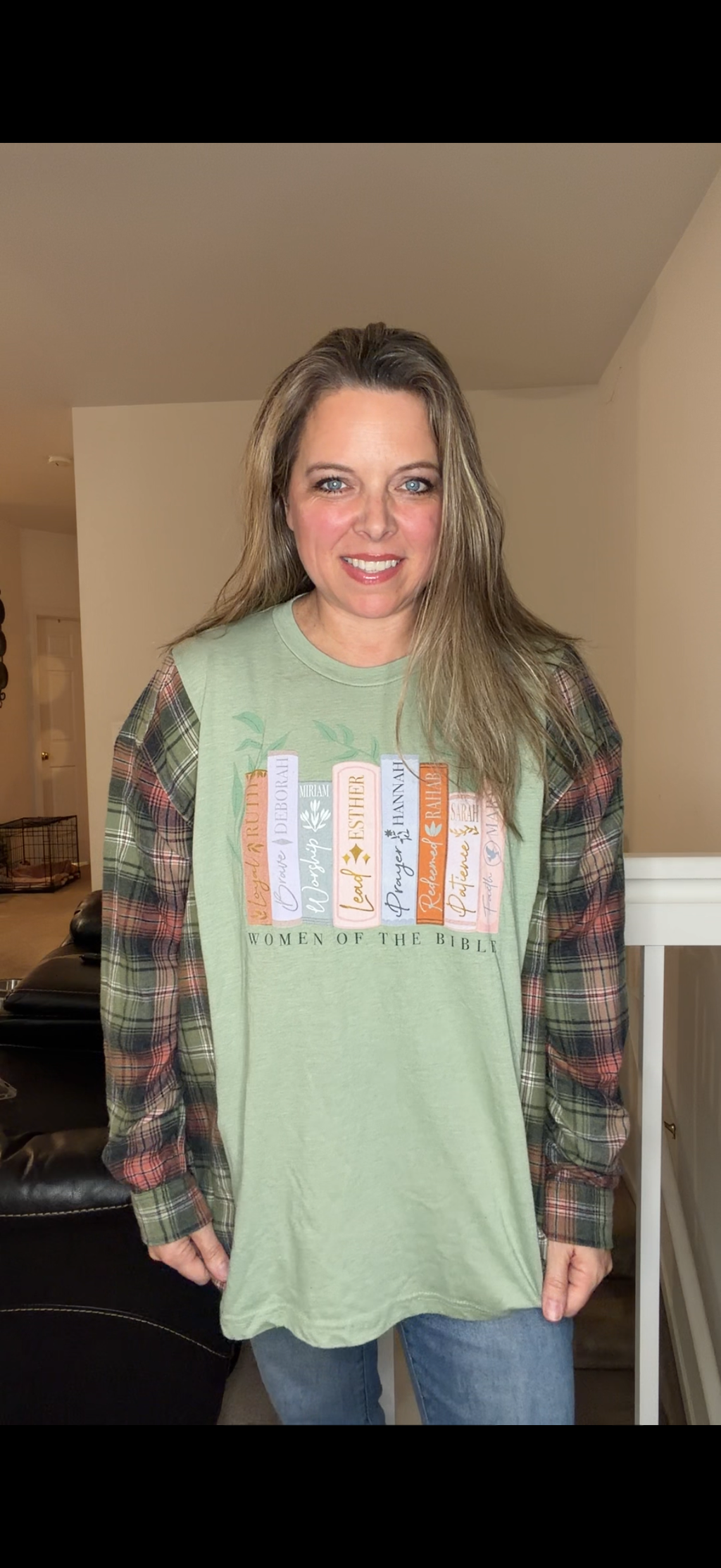 Upcycled Women Bible - women's large T-shirt with thin flannel sleeves – sleeves more fitted