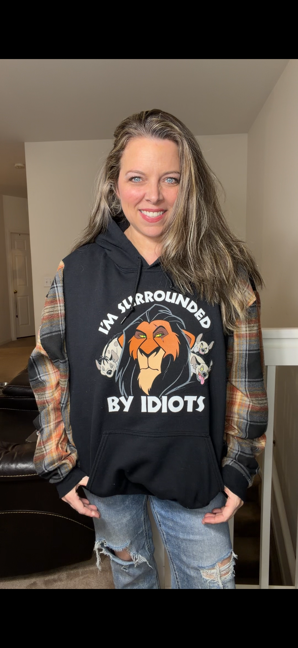 Upcycled Idiots – women's 2X midweight sweatshirt with thin flannel sleeves