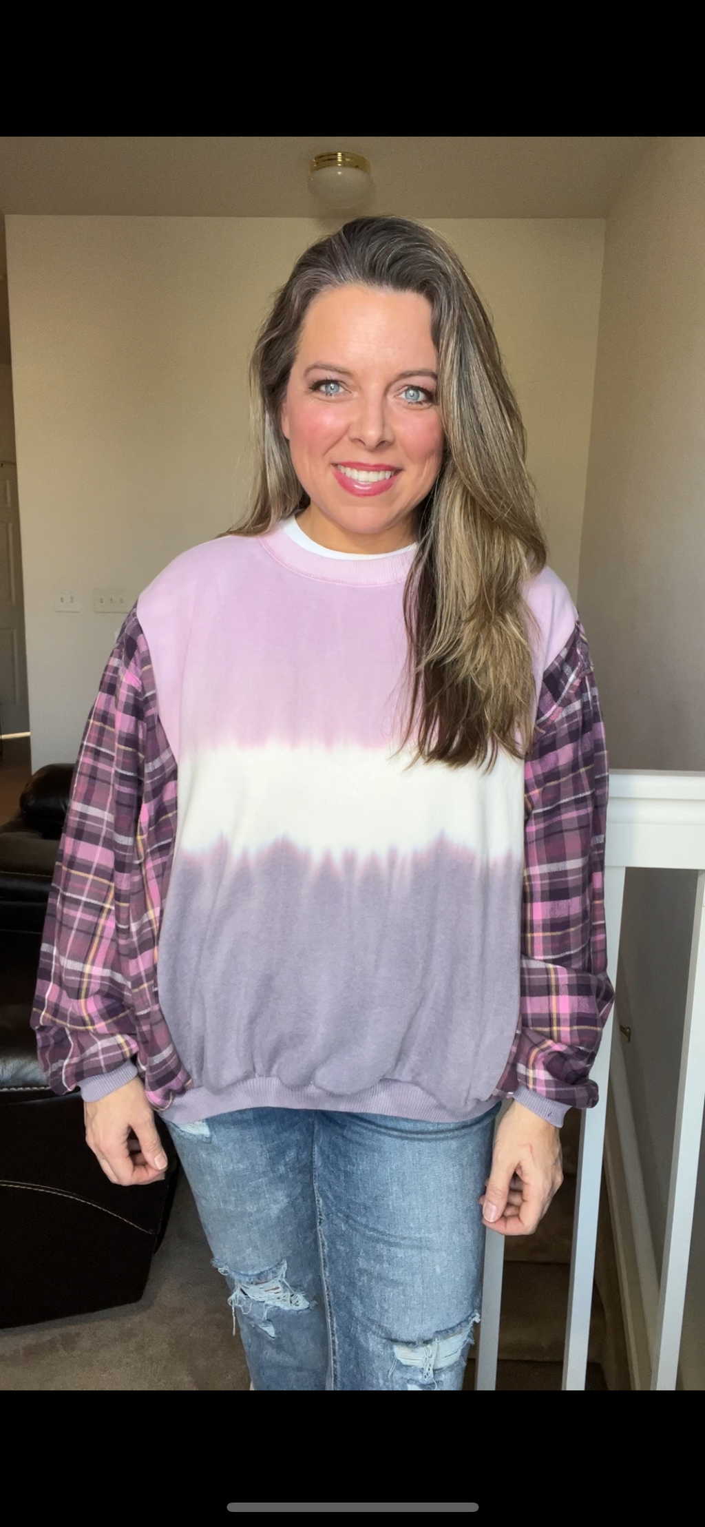 Upcycled Ombré - Women’s medium - midweight sweatshirt with flannel sleeves￼